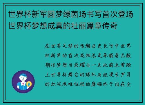 世界杯新军圆梦绿茵场书写首次登场世界杯梦想成真的壮丽篇章传奇